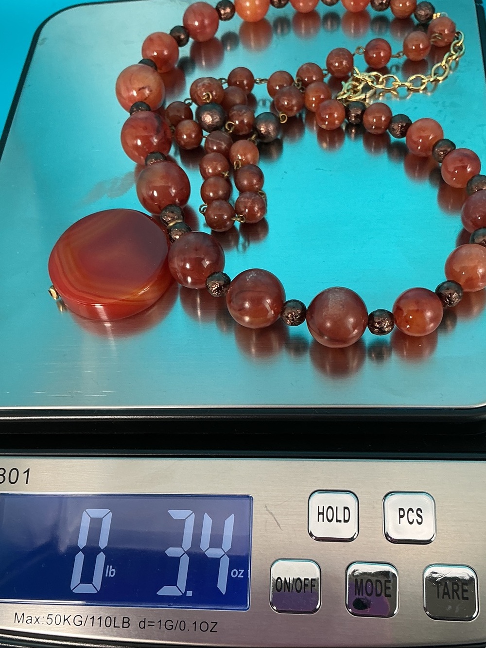 Vintage Lydell NYC Double Strand Acrylic Bead Red Agate Pendant Necklace - Picture 11 of 11